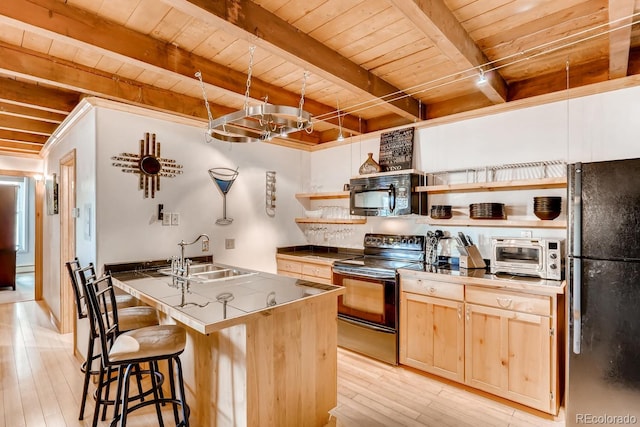 2300 Lodge Pole Cir Unit 103, Silverthorne, CO 80498 - kitchen featuring black appliances, a sink, open shelves, wood ceiling, and light brown cabinets