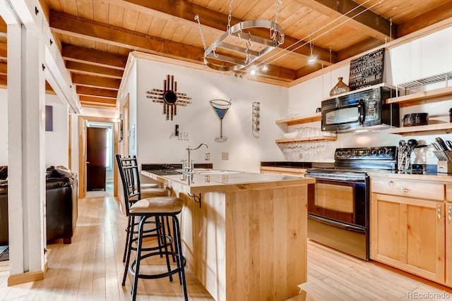 2300 Lodge Pole Cir Unit 103, Silverthorne, CO 80498 - kitchen featuring black appliances, wooden ceiling, light brown cabinets, open shelves, and a center island with sink