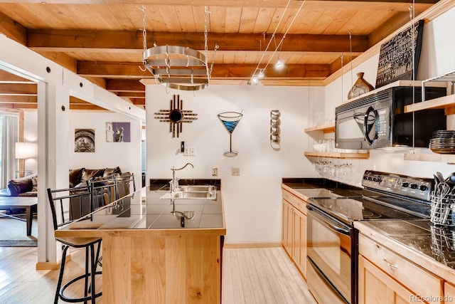 2300 Lodge Pole Cir Unit 103, Silverthorne, CO 80498 - kitchen with black appliances, a sink, open shelves, light wood-type flooring, and wood ceiling