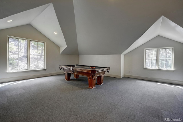 playroom featuring baseboards, carpet floors, recessed lighting, pool table, and lofted ceiling