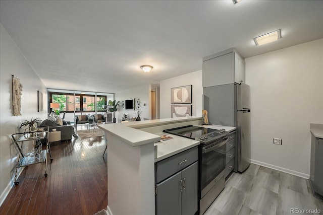 1050 N Corona St Unit 202, Denver, CO 80218 - kitchen with appliances with stainless steel finishes, a peninsula, gray cabinets, light countertops, and open floor plan