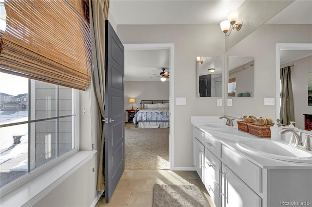 bathroom with vanity, tile patterned floors, and ceiling fan