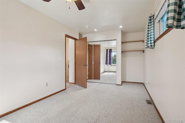 5612 S Jebel Way, Centennial, CO 80015 - unfurnished bedroom with light colored carpet, recessed lighting, baseboards, a closet, and ceiling fan