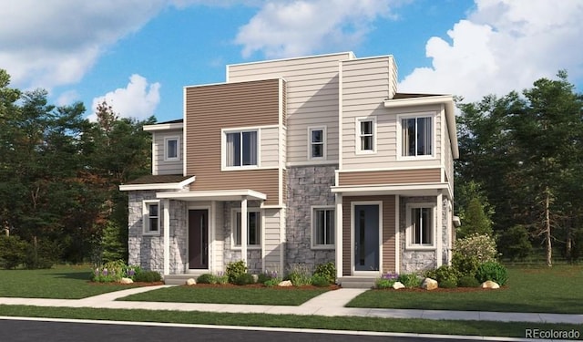 17155 E Alameda Pkwy, Aurora, CO 80017 - contemporary house featuring stone siding and a front lawn