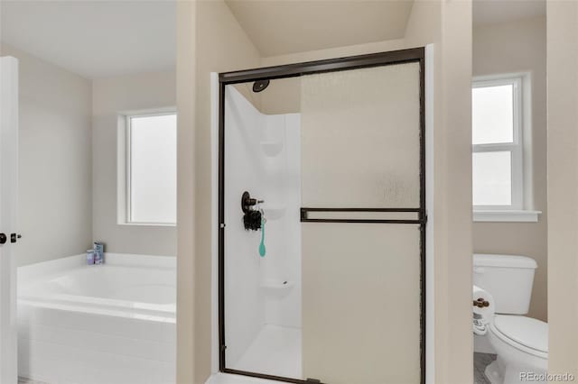 bathroom with toilet, a garden tub, and a stall shower