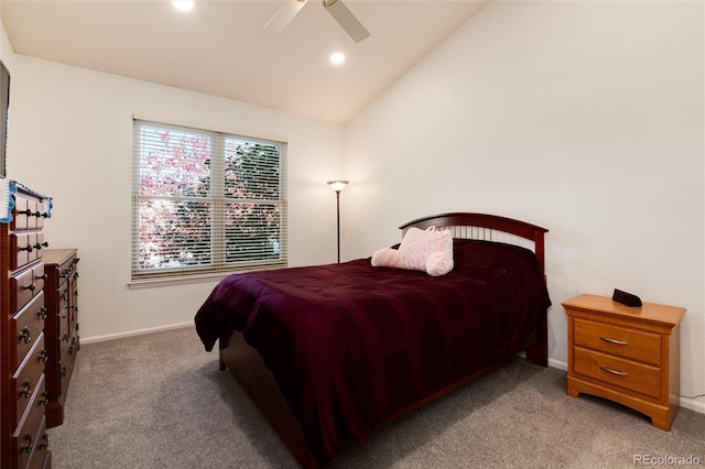 bedroom with ceiling fan, light carpet, and lofted ceiling