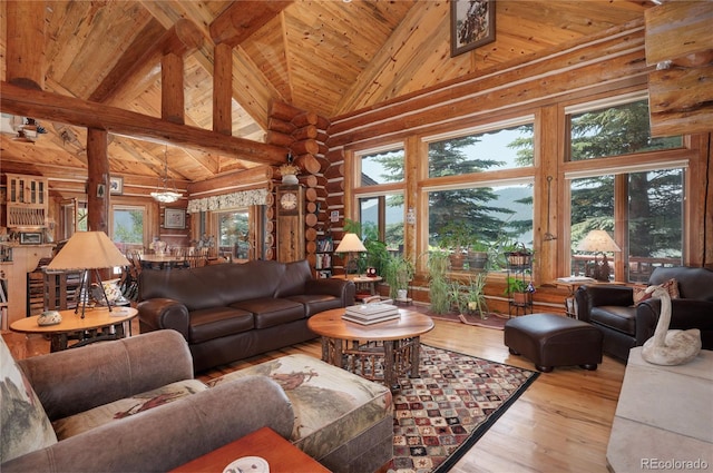 living room featuring high vaulted ceiling, wooden ceiling, log walls, and light wood-type flooring