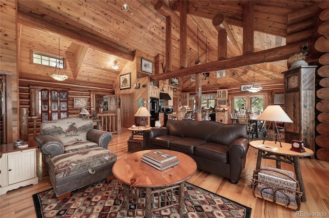 living room featuring light hardwood / wood-style flooring, high vaulted ceiling, log walls, and wood ceiling