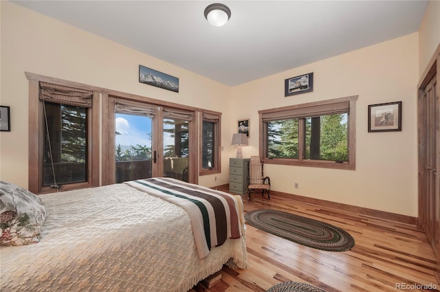 bedroom featuring light hardwood / wood-style flooring, french doors, and access to exterior