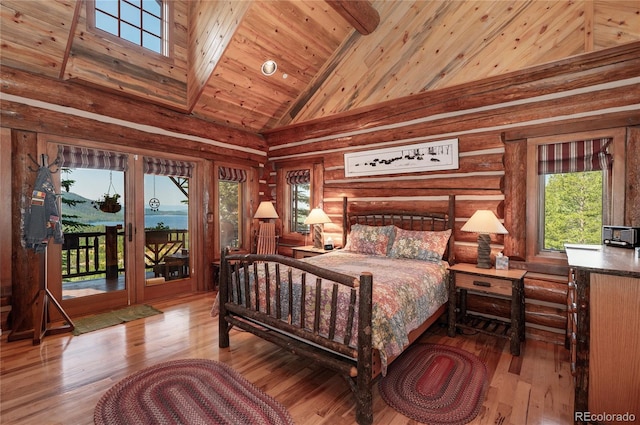 bedroom featuring wood ceiling, high vaulted ceiling, access to exterior, and hardwood / wood-style flooring