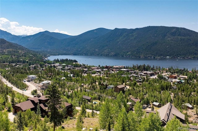 aerial view with a water and mountain view