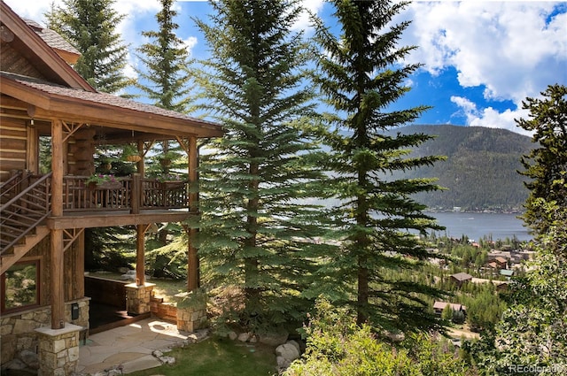 view of yard featuring a patio and a water and mountain view