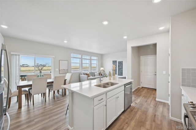 kitchen with a sink, light wood-style flooring, a healthy amount of sunlight, and stainless steel appliances