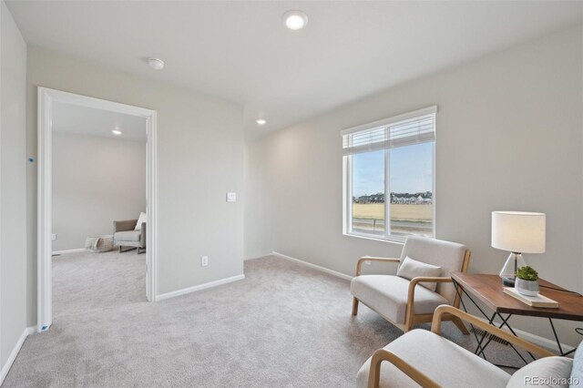 living area featuring carpet floors, baseboards, and recessed lighting