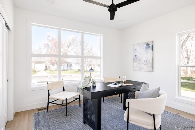 office with hardwood / wood-style flooring and ceiling fan