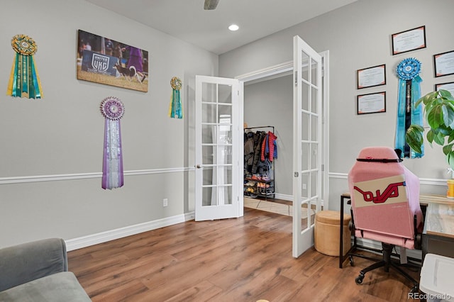 office featuring french doors, recessed lighting, wood finished floors, and baseboards