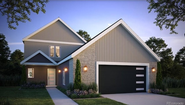 view of front of home with concrete driveway, an attached garage, board and batten siding, and a front yard