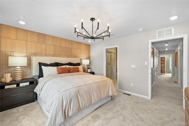 bedroom with light colored carpet, baseboards, visible vents, and an inviting chandelier