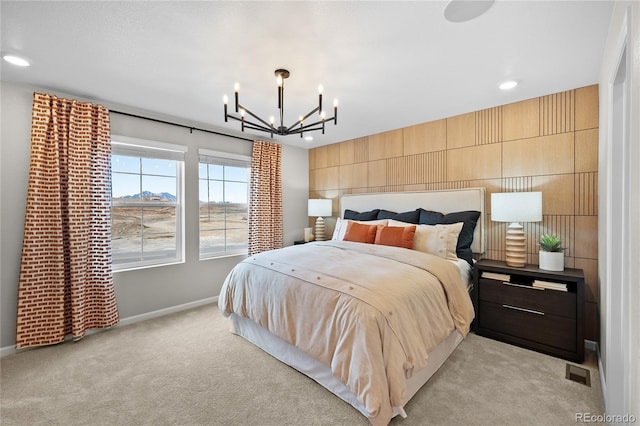 bedroom with visible vents, light colored carpet, baseboards, a notable chandelier, and recessed lighting