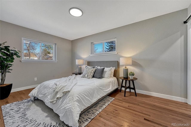 bedroom with multiple windows, baseboards, and wood finished floors