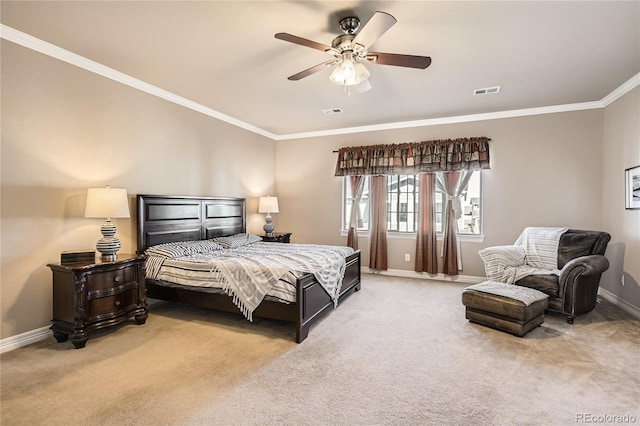 carpeted bedroom featuring ornamental molding, visible vents, baseboards, and a ceiling fan