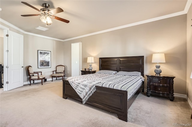 carpeted bedroom with visible vents, crown molding, baseboards, and ceiling fan