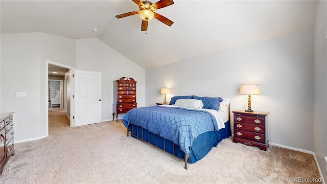 carpeted bedroom featuring lofted ceiling, baseboards, and a ceiling fan
