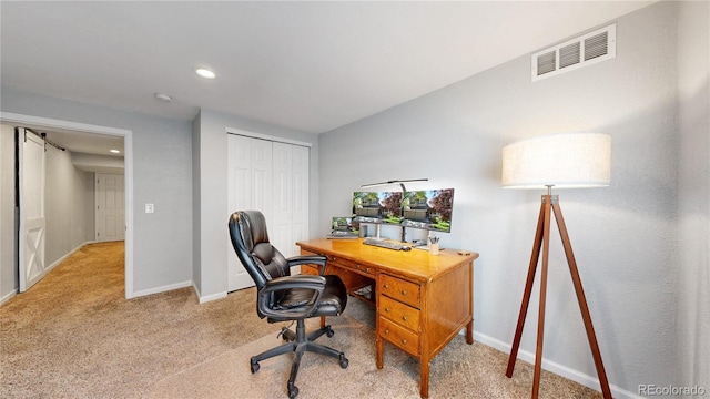 office space featuring carpet, baseboards, and recessed lighting