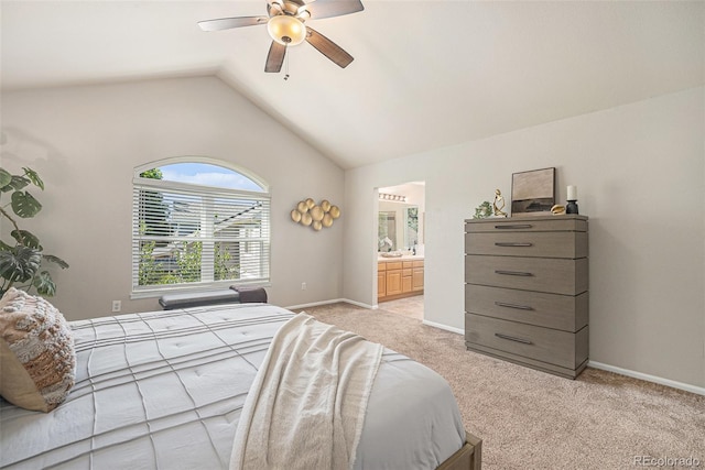 2980 E 135th Dr, Thornton, CO 80241 - bedroom featuring vaulted ceiling, light colored carpet, ceiling fan, and connected bathroom