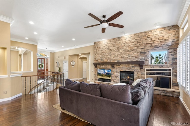 living room with a stone fireplace, plenty of natural light, and dark wood-type flooring