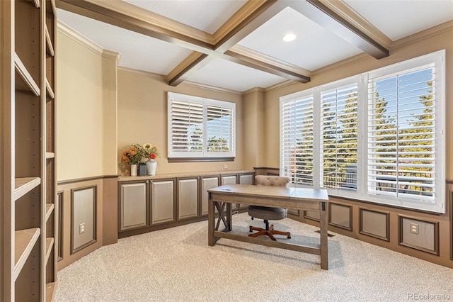 office area with beam ceiling, crown molding, light carpet, and coffered ceiling