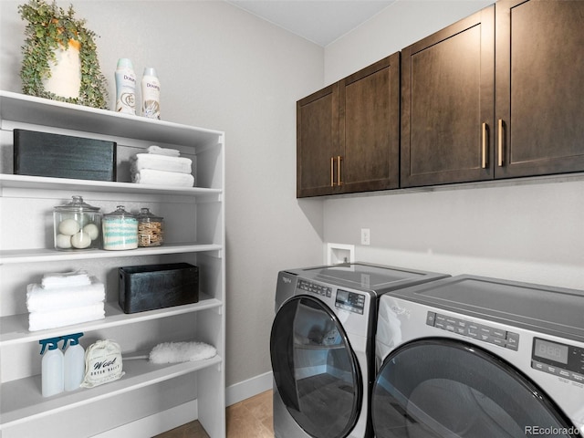 6244 N Lisbon St, Aurora, CO 80019 - washroom featuring separate washer and dryer, cabinet space, baseboards, and light tile patterned floors