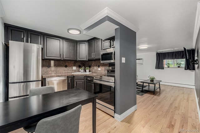 1390 N Emerson St Unit 101, Denver, CO 80218 - kitchen featuring appliances with stainless steel finishes, tasteful backsplash, and light wood-type flooring