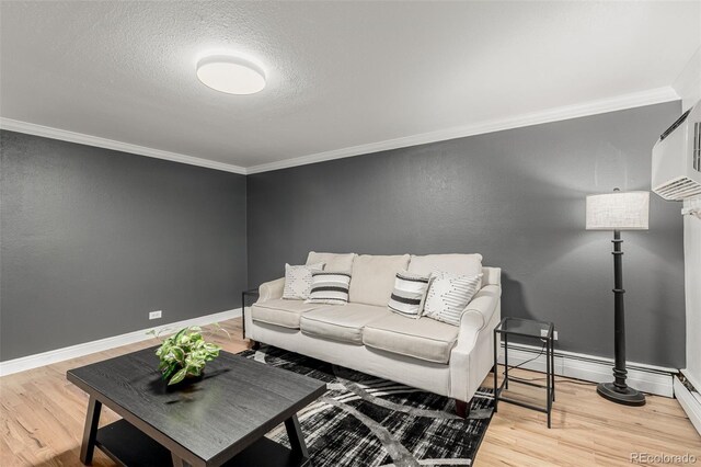 1390 N Emerson St Unit 101, Denver, CO 80218 - living room featuring light wood-style flooring, crown molding, and a textured ceiling