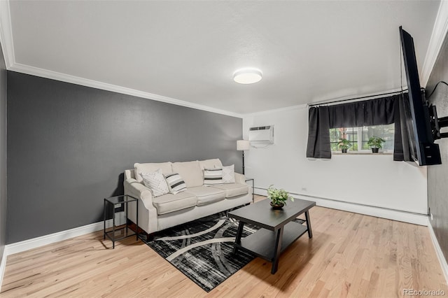 1390 N Emerson St Unit 101, Denver, CO 80218 - living room with ornamental molding, wood finished floors, a baseboard radiator, and a wall mounted air conditioner