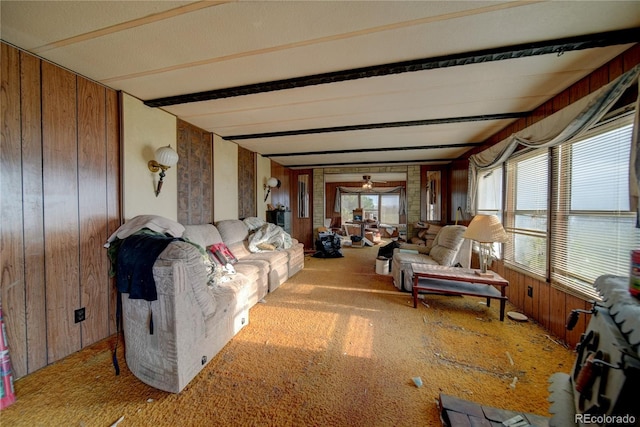 6224 County Road H, Joes, CO 80822 - living room featuring wood walls, carpet floors, and a ceiling fan