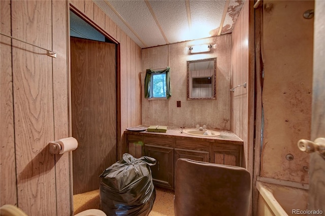 6224 County Road H, Joes, CO 80822 - bathroom with a textured ceiling, vanity, wood walls, and a tub