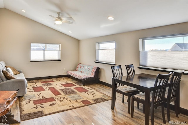 104 River Run Dr, Buena Vista, CO 81211 - dining room featuring lofted ceiling, wood finished floors, ceiling fan, and recessed lighting