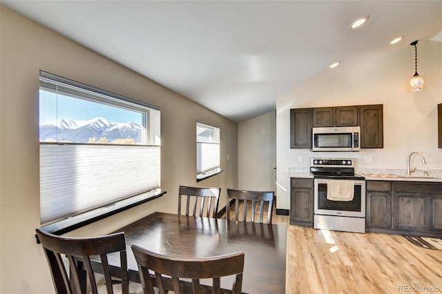 104 River Run Dr, Buena Vista, CO 81211 - kitchen with stainless steel appliances, lofted ceiling, dark brown cabinetry, light wood-type flooring, and light countertops