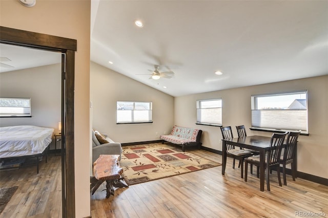 104 River Run Dr, Buena Vista, CO 81211 - living room featuring a ceiling fan, wood-type flooring, vaulted ceiling, and recessed lighting