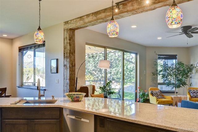104 River Run Dr, Buena Vista, CO 81211 - kitchen featuring stainless steel dishwasher, light stone countertops, plenty of natural light, and recessed lighting