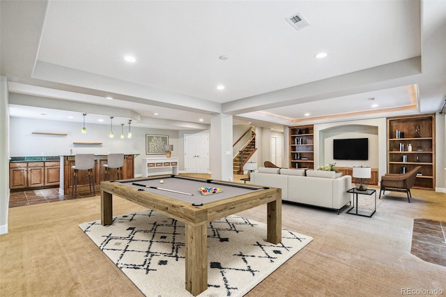 6085 Nile Cir, Golden, CO 80403 - game room with a raised ceiling, wet bar, light carpet, recessed lighting, and pool table