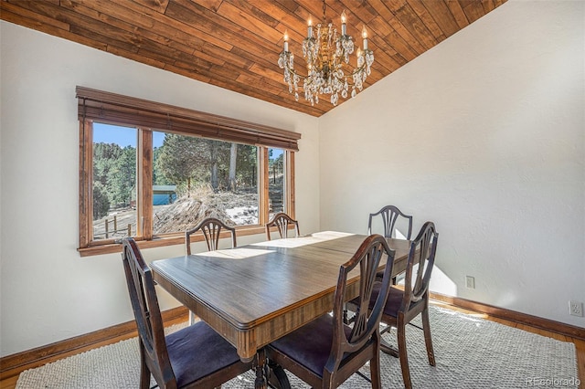 dining space with a notable chandelier, wood finished floors, wood ceiling, baseboards, and vaulted ceiling