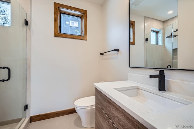 310 Creekside Aly Unit 4, Frisco, CO 80443 - bathroom with vanity, a shower stall, tile patterned flooring, and recessed lighting
