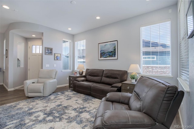 living area with recessed lighting, wood finished floors, and baseboards