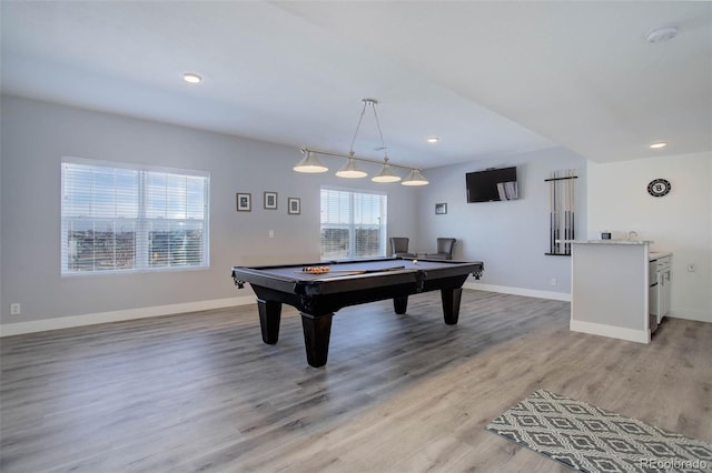 rec room with recessed lighting, pool table, baseboards, and light wood-style floors