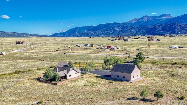 birds eye view of property featuring a mountain view and a rural view