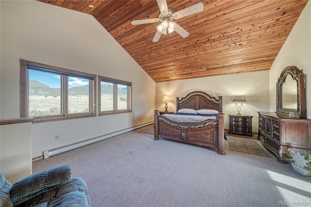 carpeted bedroom with wooden ceiling, high vaulted ceiling, ceiling fan, and a baseboard heating unit