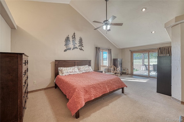 bedroom featuring ceiling fan, access to exterior, light carpet, and high vaulted ceiling