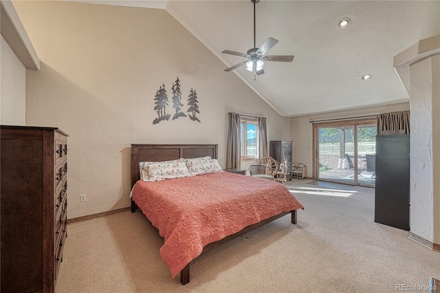 bedroom with light carpet, high vaulted ceiling, baseboards, and access to outside